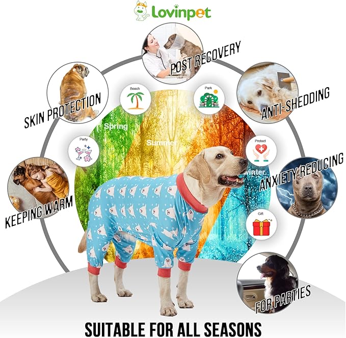 LovinPet Large Big Dog Pajamas - Anxiety Calming, Anti Licking Dog Onesie, Turquoise Sea Plants Print. Large Breed Dog Jammies, Pet PJ's for Travel & Home, Pet Pajamas for Dogs, Blue 2XL