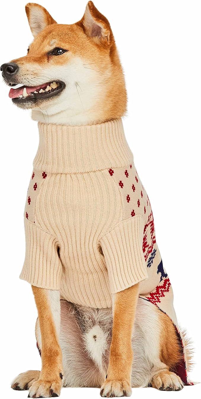 Blueberry Pet Christmas Reindeer and Snowflake Dog Sweater in Light Beige, Back Length 18", Pack of 1 Clothes for Dogs