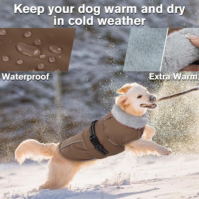 Lelepet Warm Dog Coats for Small Dogs Waterproof Dog Jacket Reflective Pet Fleece Vest Windproof Cold Weather Coats with Adjustable Buckle & Leash Hole, Turtleneck Doggy Snowsuit, Brown, S