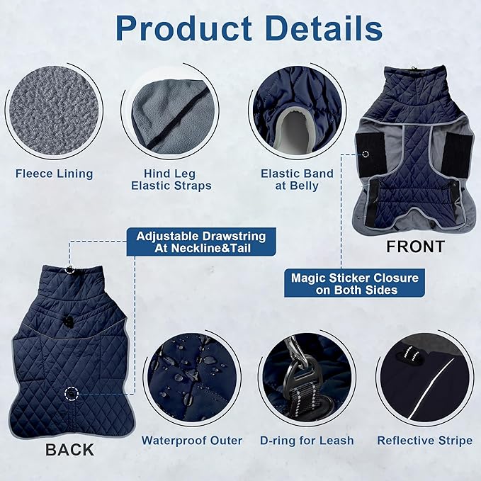 Dog Winter Coat with Harness, Reflective Windproof&Waterproof Fleece Jacket for Cold Weather, Dog Pullover Jumpsuit Snowsuit for Small Medium Large Dogs, Navy S