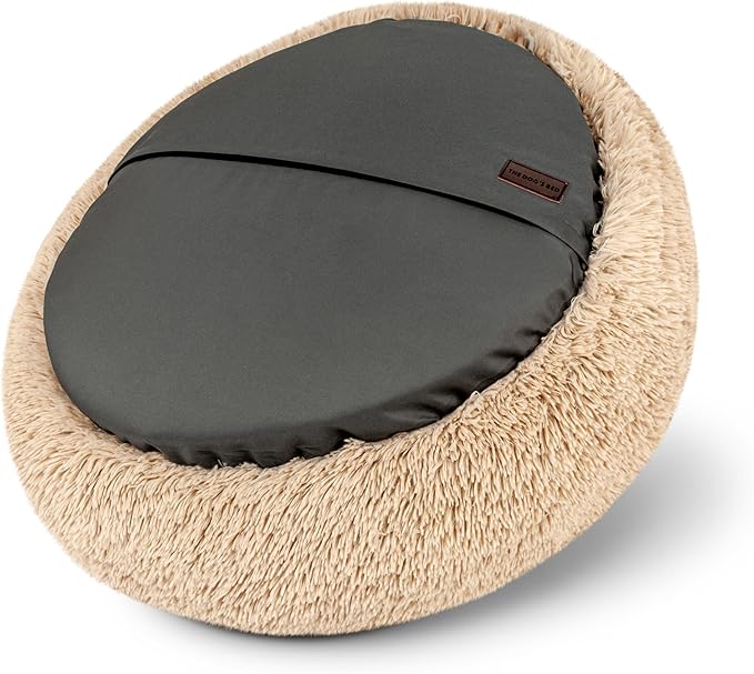 The Dog’s Bed Sound Sleep Donut Dog Bed, Medium Dog Beige Fur Calming Nest Bed, Veterinary Approved