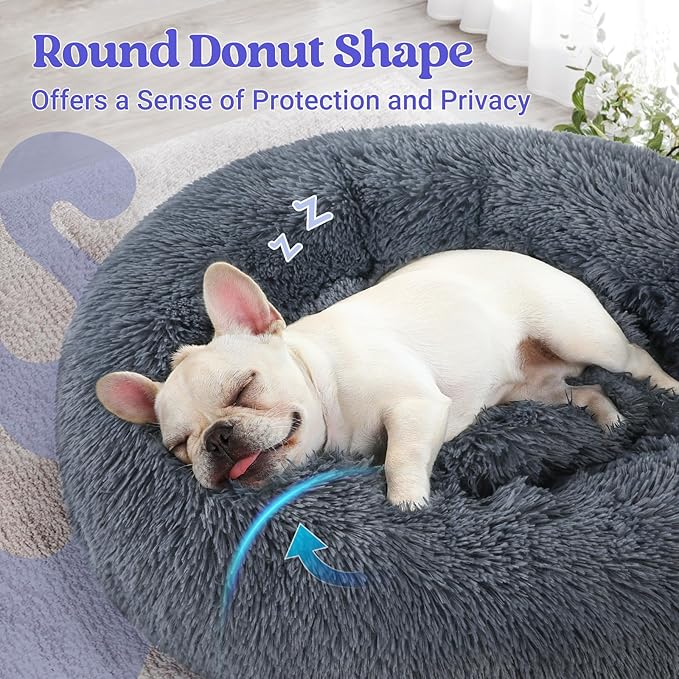 rabbitgoo Dog Bed for Small, 24 inches Machine Washable, Fluffy Donut Pet Bed Anti-Slip, Calming Soft Plush Round Cushion, Fits up to 18 lbs Pets, Dark Grey