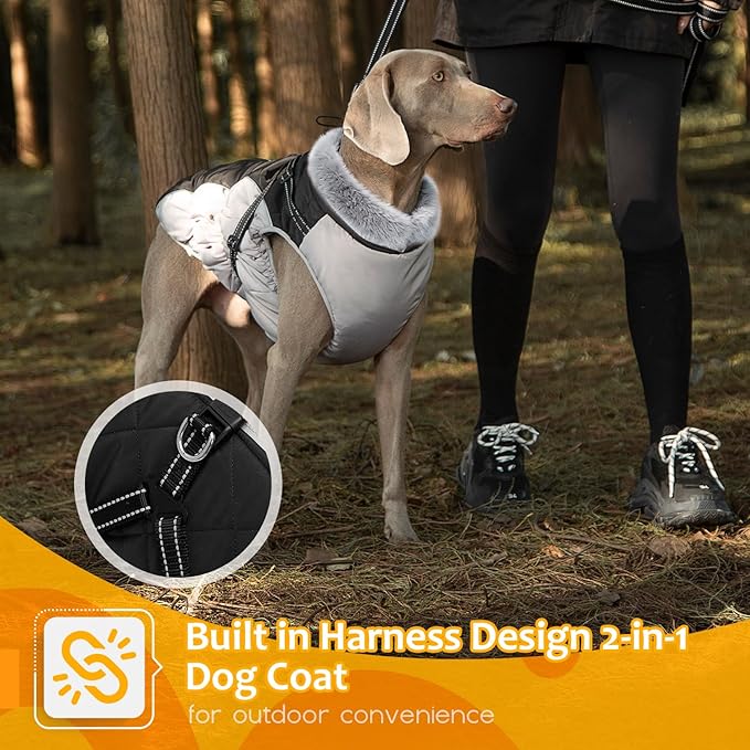 Dog Winter Coat with Harness, Dog Jacket, Pet Clothes with Zipper on Back, Waterproof Windproof Warm Vest, Reflective Cold Weather Coats, for Small Medium Large Dogs, Thick, Black, XL