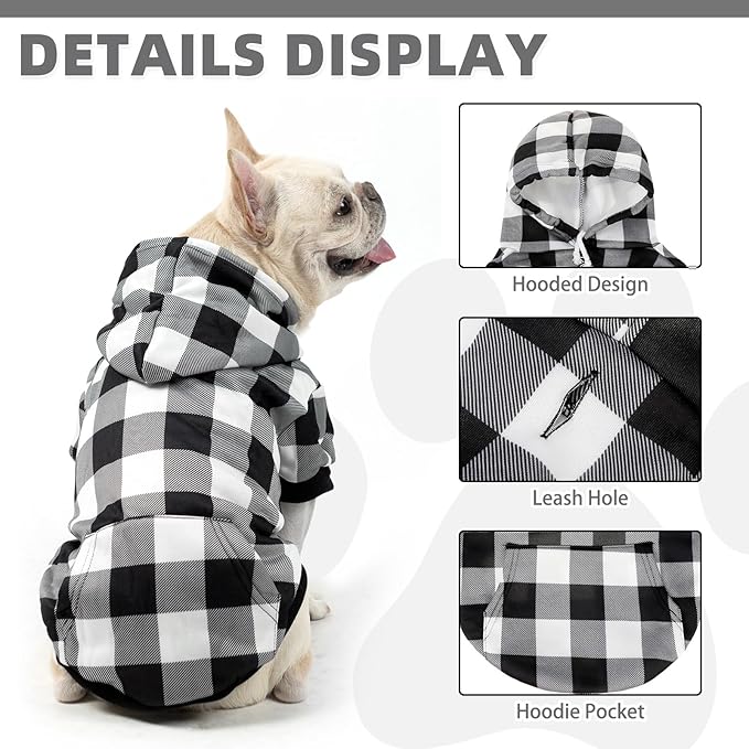 KOOLTAIL Plaid Dog Hoodie for Small Medium Large Dogs - Pet Clothes Sweater with Hat and Pocket for Cold Weather Winter, Warm Soft Hooded Sweatshirt Coat Outfit for Puppy Cats Girls Boys White XL