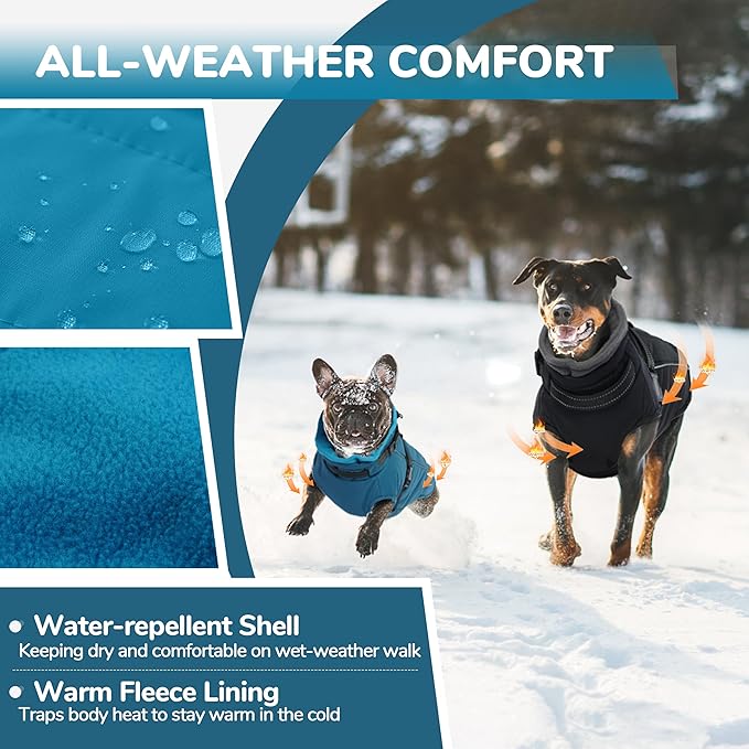 PUMYPOREITY Dog Coat with Harness Built in, Reflective Fleece Jacket, Thick and Warm Winter Coat, Medium Dog Jacket with Zip, Cold Weather Coats for Outdoor, Waterproof Pet Snowsuit, Blue, L
