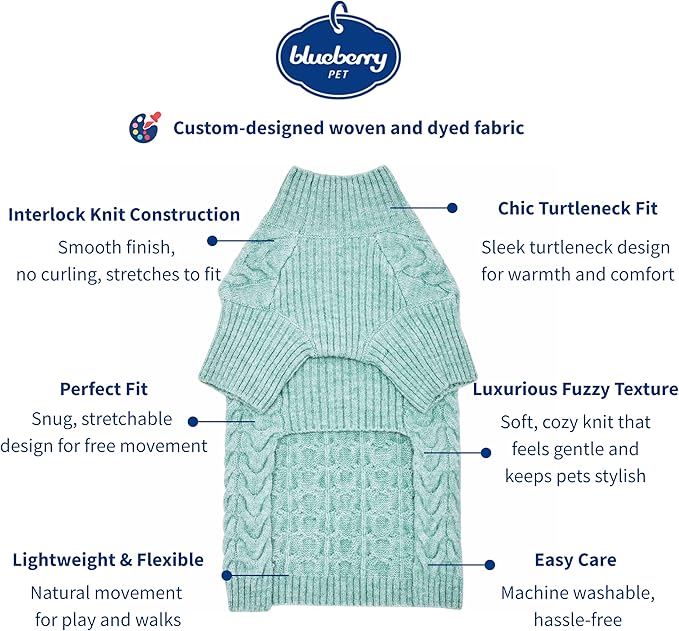 Blueberry Pet 2023 New Classic Fuzzy Textured Knit Pullover Turtle-Neck Dog Sweater in Heathered Jade, Back Length 18", Pack of 1 Clothes for Dogs