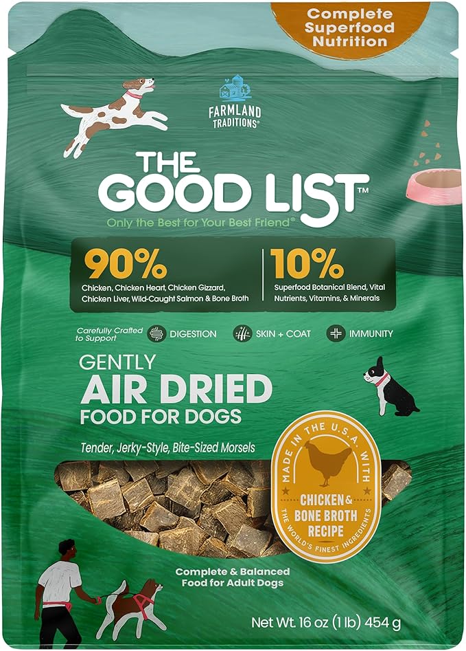 Farmland Traditions The Good List Air-Dried Dog Food, Premium Chicken & Bone Broth for Dogs, Protein Rich & Grain-Free Nutrition, 1 Pound Bag