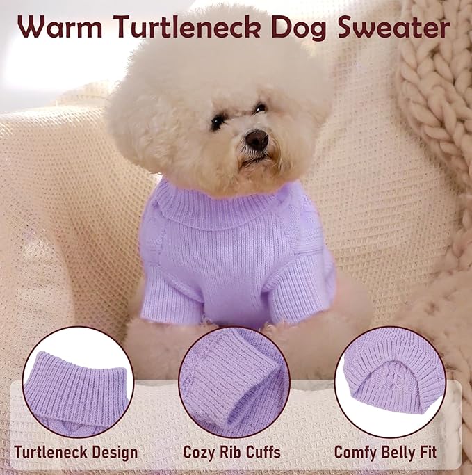 Large Dog Sweater, Pet Christmas Clothes for Big Dogs, Classic Dog Knit Sweater, Fall Dog Turtleneck, Easy On Dog Sweater with Harness Hole, Warm Dog Holiday Sweater for Dachshund, Frenchie, Purple L