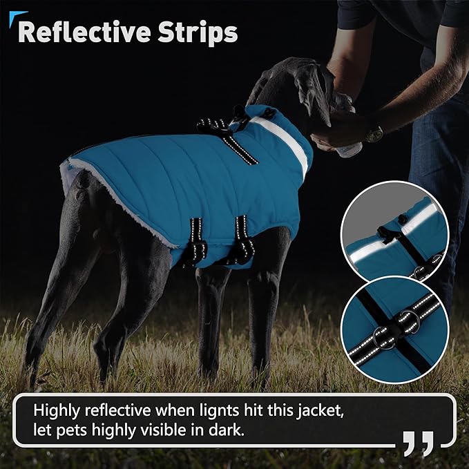 Dogcheer Dog Coat with Harness, Waterproof Dog Jacket Adjustable Pet Winter Coat with Zipper, Christmas Puppy Snow Jacket Fleece Sweater for Small Medium Large Dogs - Sky Blue 3XL