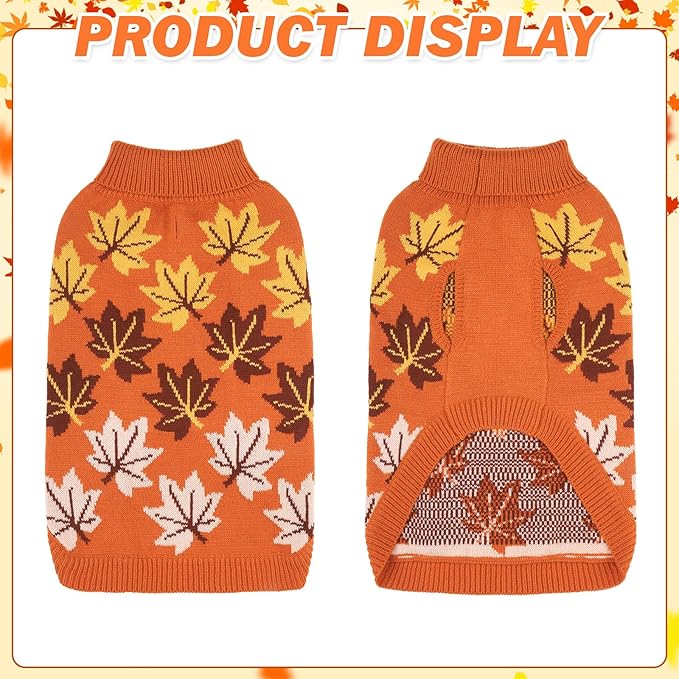 KOOLTAIL Fall Dog Sweater, Thanksgiving Dog Sweater with Autumn Maple Leaf Pattern, Cold Weather Pet Knitted Winter Coats Clothes Turtleneck Pullover for Small Medium Large Dogs Cat Boy Girl, Orange L