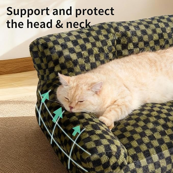 Faux Fur Cat & Dog Sofa Cat Couch Mini Cat Bed Indoor Human Style Pet Sofa, Modern Pet Furniture for Cats, Washable ＆ Removable Cover, for Cats and Small Medium Dogs (Black/Green, Large(30X21 inch))