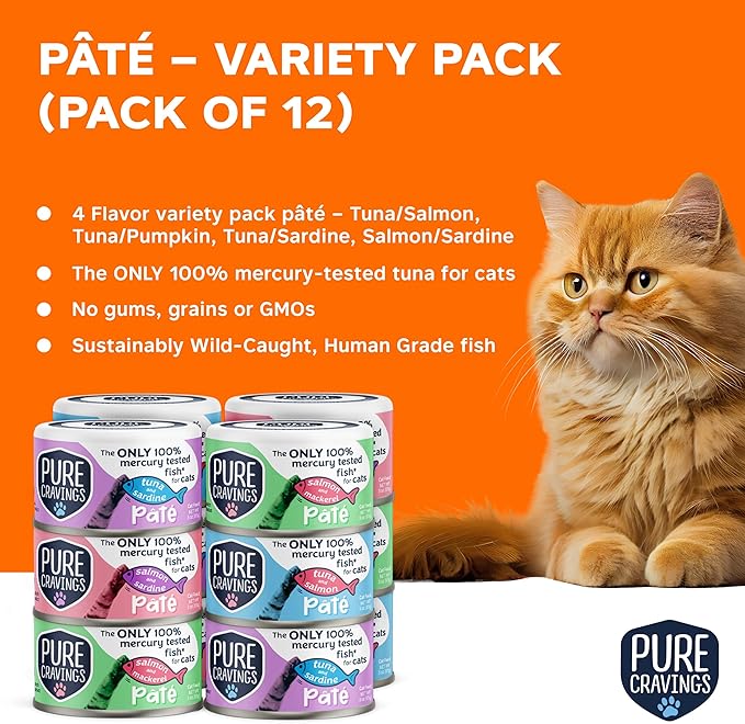 Pure Cravings Pate, Canned Wet Cat Food, 100% Mercury-Tested, Moist Can Fish, Grain-Free Protein, Non-GMO, Variety Pack of 12-3X Tuna/Salmon, 3X Tuna/Pumpkin, 3X Tuna/Sardine, 3X Salmon/Sardine