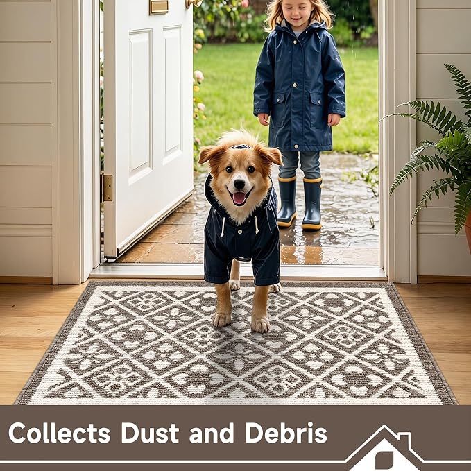 Ileading Indoor Door Mat 3x5ft Absorbent Dog Mats for Muddy Paws,Machine Washable Small Living Room Area Rug with Non-Slip Rubber Backing Low-Profile Inside Carpet for Hallway,Entryway,Kitchen(Brown)