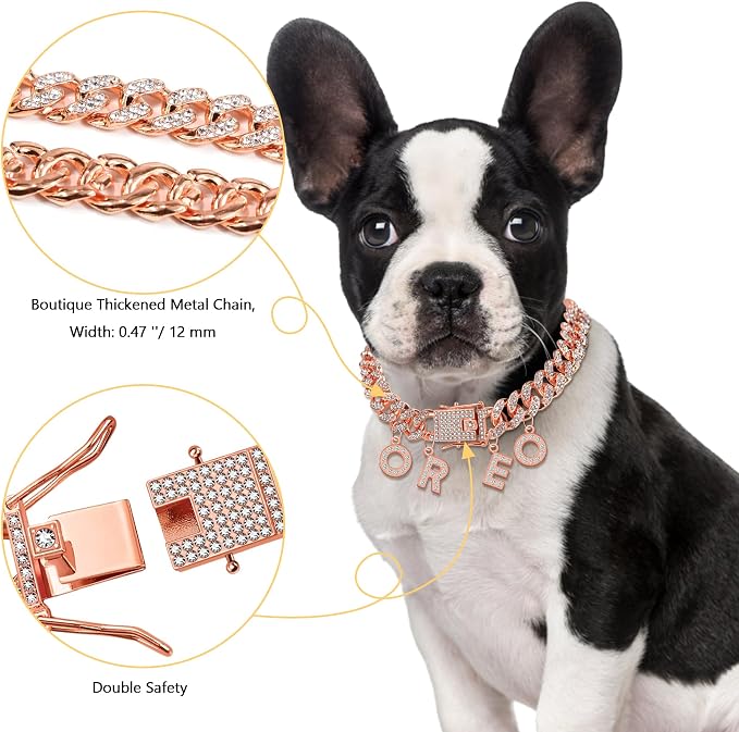 Custom Dog Chain Collar with Name, Diamond Collars Metal Chain Necklace with Secure Buckle, Cuban Style Jewelry Accessories for Puppy Small Medium Large Dogs(Rose Gold, 12 Inch)