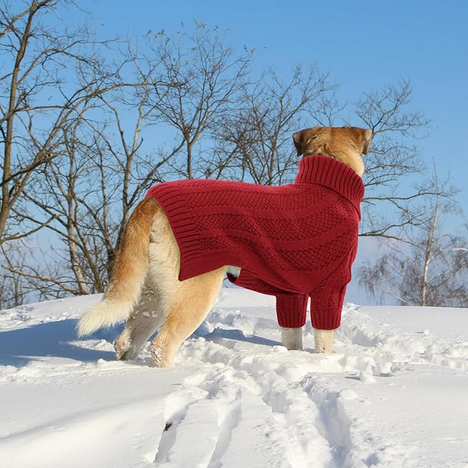 Queenmore Large Dog Sweater - Turtleneck Pullover for Large Dogs, Xmas & Thanksgiving - Knitted Dog Sweater for French Bulldog (Red, L)