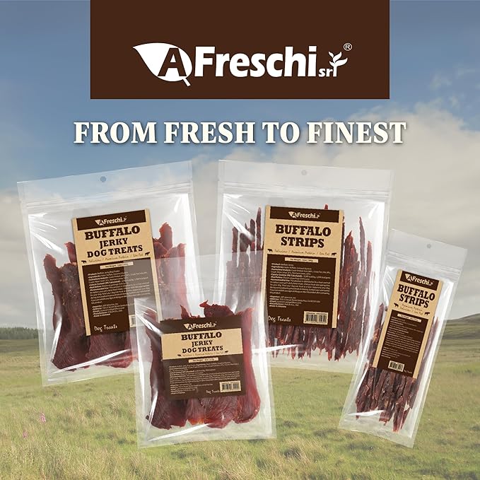AFreschi Buffalo Dog Treats, All-Natural, Hypoallergenic, High Protein, Low Fat, Human Grade Puppy Chews – Healthy Grain-Free Training Treats, 12oz Jerky Strips