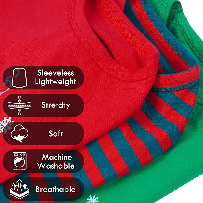 3 Pack Dog Shirt for Christmas Day,Sleeveless Xmas Tank Tops with Dachshund Print & Stripes,Autumn Winter Soft Inner Wear,Funny T-Shirt for Festival Party (Red&Green,M)