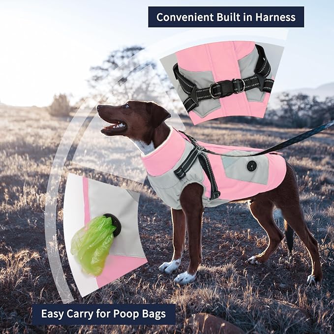 IECOii Dog Winter Coat with Harness Built in, Waterproof Windproof Dog Coats for Large Dogs, Thermal Fleece Lined Cold Weather Jackets with Zip, Outdoor Warm Snow Jacket Reflective, Pink, XLarge