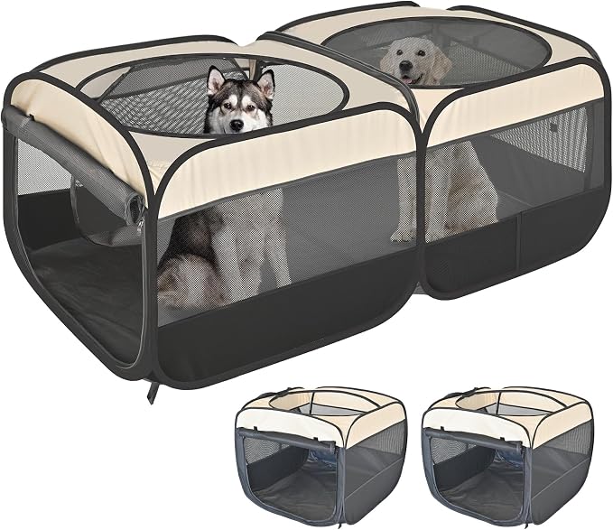 2-in-1 Pop Up Puppy Playpen, Detachable into 2 Separate Pens with Additional Doors, Assembly-Free Portable Cat Dog Crates Pet Pen Tent Kennel Kitten Enclosure Cage Indoor Outdoor Foldable Condo(L)