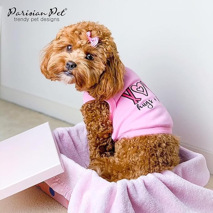 Parisian Pet Dog Tshirt - Embroidered “ XOXO “ 100% Cotton, Tank Top - Lightweight Puppy Clothes Female - Pink Dog Tee Shirts for Small Dogs Girl - XS