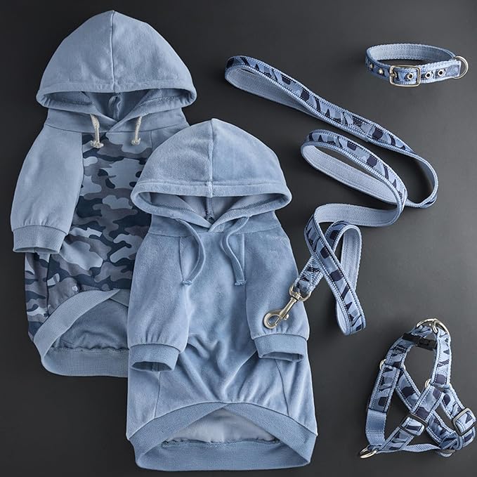 Cooper II Organic Cotton Velour Dog Hoodie Pet Coat for Small, Medium and Large Dogs, Faded Denim, XX-Small (4-7 lbs)