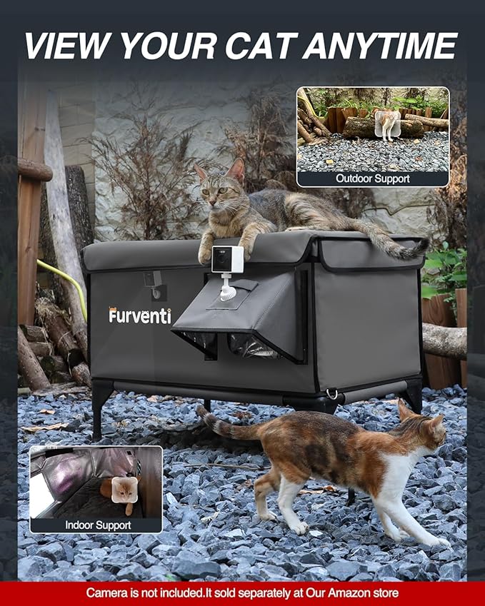 Outdoor Heated Cat House in Winter,Extremely Insulated & Weatherproof,Elevated Feral Cat Shelter with Waterproof Eaves & Escape Door for Outside Stray Barn Cat (Dark Grey,L)