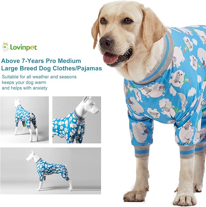 LovinPet Pitbull Pjs for Large Dogs/Cozy Dog Pajamas, Slim Fit, Lightweight Pullover/Full Coverage Dog Pjs/Happy Hippo Blue Print/Large Husky Pajamas /3XL