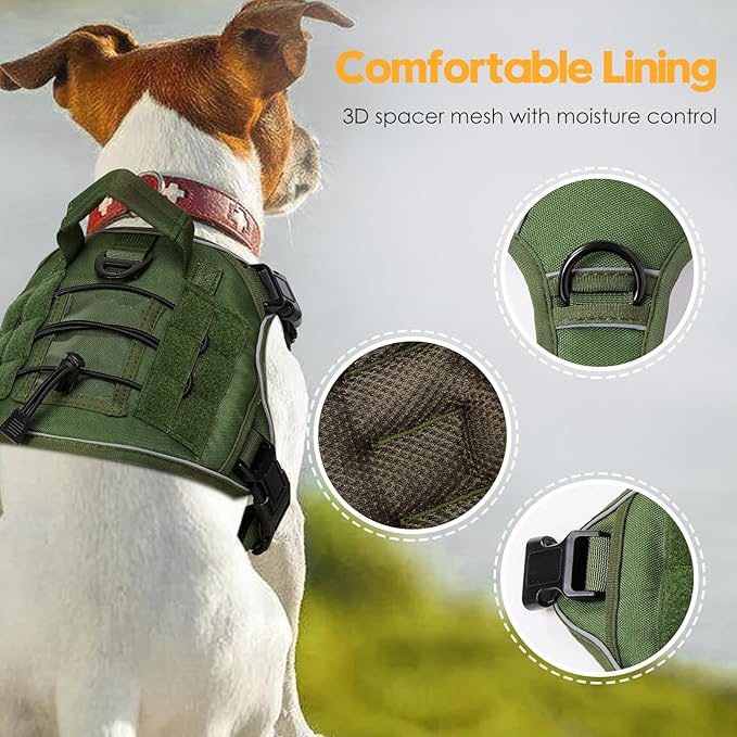 Heavy-Duty Tactical Dog Harness for Large Dogs, No Pull Adjustable Reflective Pet Vest with Molle System, K9 Military-Grade Control for Service Training, Outdoor & 10+ Breeds, Green, Medium