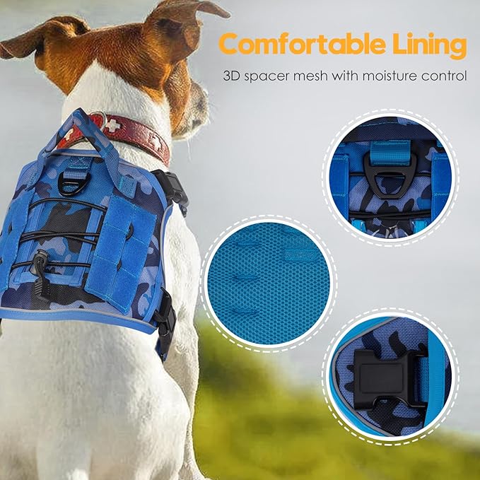 Heavy-Duty Tactical Dog Harness for Large Dogs, No Pull Adjustable Reflective Pet Vest with Molle System, K9 Military-Grade Control for Service Training, Outdoor & 10+ Breeds, Blue Camo, Small