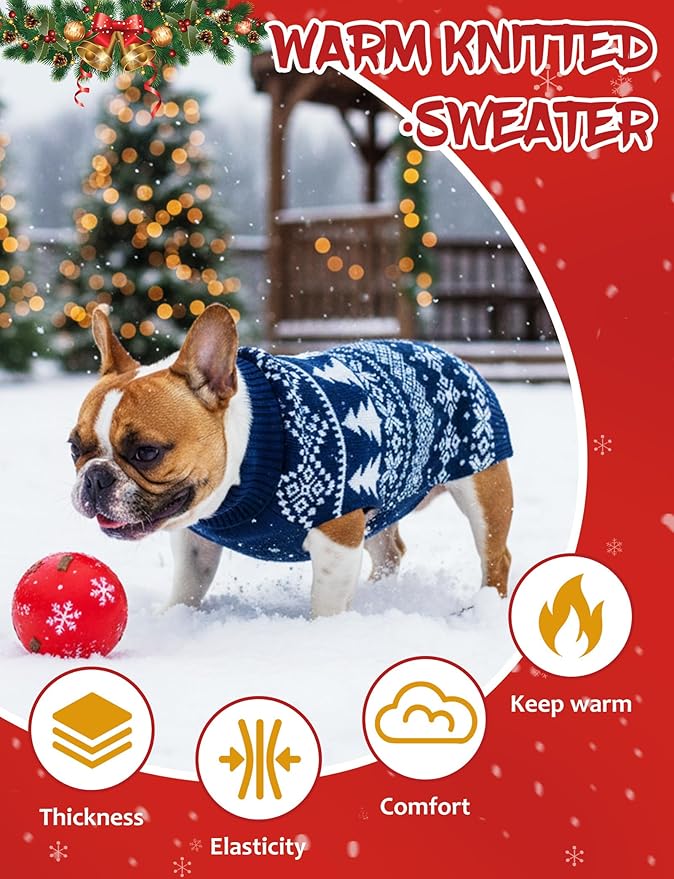 2PCS Dog Christmas Sweater, Soft Warm Pet Clothes Coat for Small Medium Large Dogs and Cats Boy Girl, Fall Cozy Holiday Turtleneck Knitting Collar Pullover Pup Outfit Costume for Thanksgiving New Year