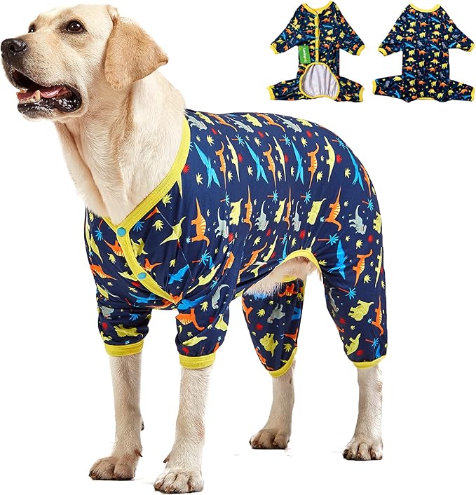 LovinPet Big Dog Pajamas for Large Dogs/Prehistoric Adventure Dinosaur Navy Print/Lightweight Stretchy Knit Pullover Dog Clothes/Large Dog Onesie, Pet Pajamas for Dogs, Pet PJ's /3XL