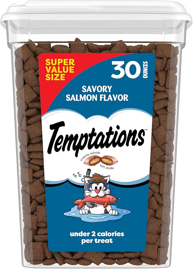 Temptations Classic Crunchy and Soft Cat Treats, Savory Salmon Flavor, 30 oz. Tub