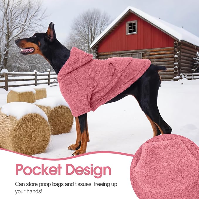 IDOMIK Fuzzy Dog Sweater with Adjustable Hood, Warm Fleece Dog Sweater Hoodie with Harness Hole & Pocket, Pullover Sweaters for Medium Dogs, Fuzzy Hooded Sweatshirt for Fall Winter Christmas,Pink,M