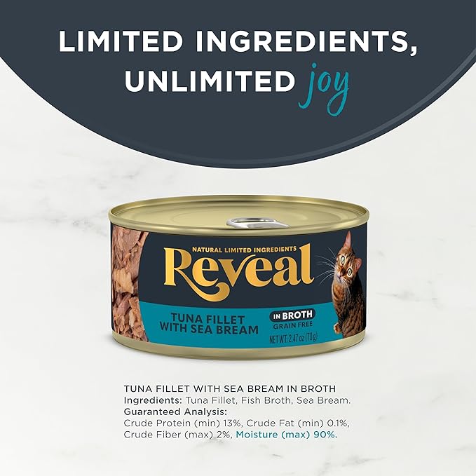 Reveal Natural Wet Cat Food, 24 Count, Grain Free, Limited Ingredient Canned Food for Cats, Tuna with Sea Bream in Broth, 2.47 oz Cans