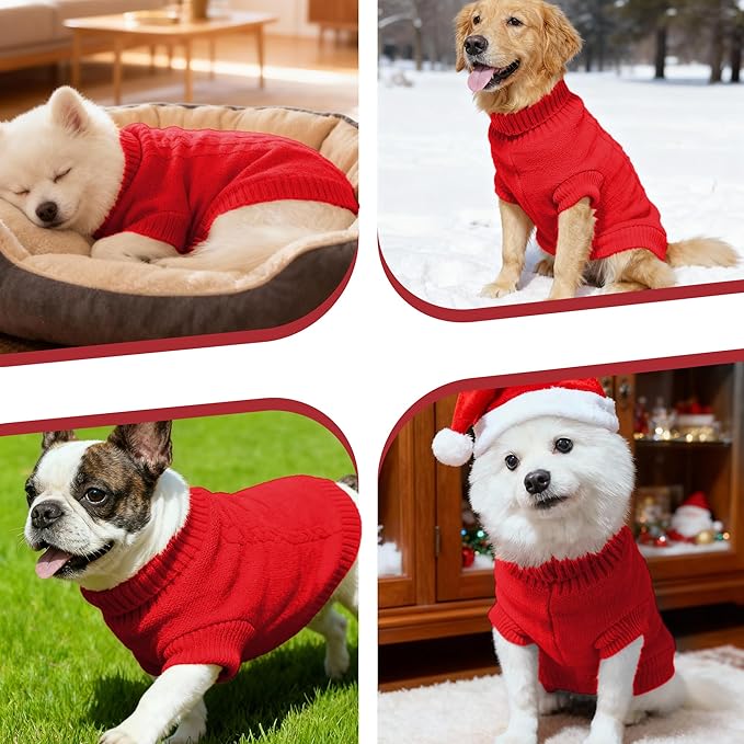 Knitted Dog Sweater for Mini/Small Dogs, Pullover Turtleneck Pet Sweaters, Winter Dog Clothes, Warm Soft Winter Holiday Cat Sweater, Red, XXS