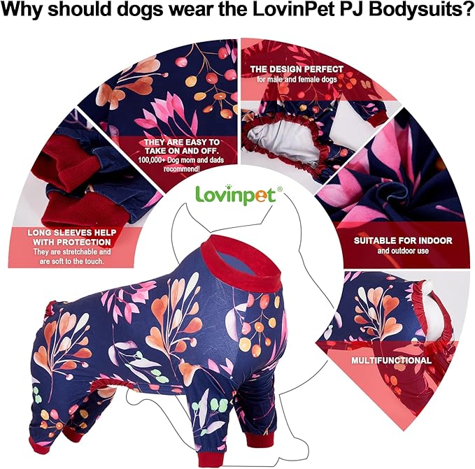 LovinPet Dog Clothing, Navy Berries Print, Large Weimaraner Jammies, Weimaraner Protective Clothing, Lightweight Pullover Dog Pajamas, Full Coverage Weimaraner Pajamas /3XL