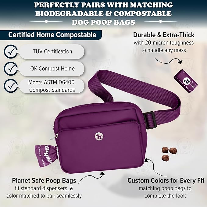 Puppington 3-in-1 Crossbody Dog Walking Bag & Treat Pouch with Matching Planet Safe Poop Bags & Built-In Dispenser - Dog Mom Gift for Puppy Training with Zippered Pockets (Plum Wine)