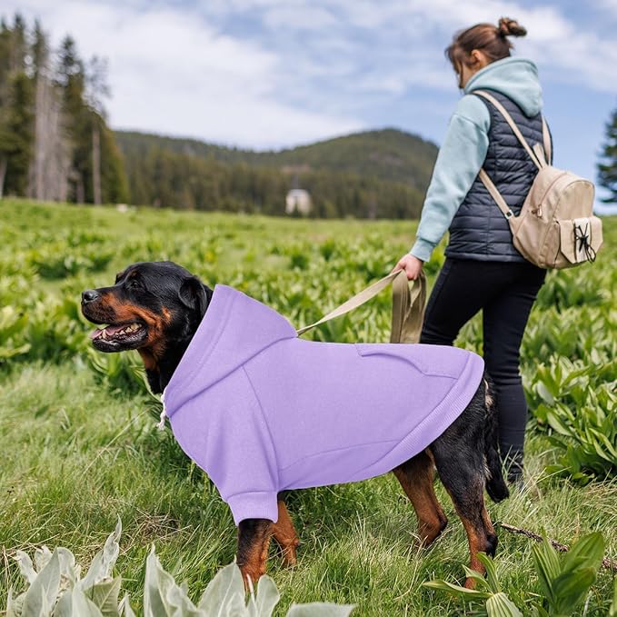 Dog Sweaters,Dog Hoodie,Cozy Fleece Interior Sweatshirt with Hood & Pocket,Leash Hole,Pet Clothes Sweater for Small,Medium,and Large Dogs,Light Purple&XL