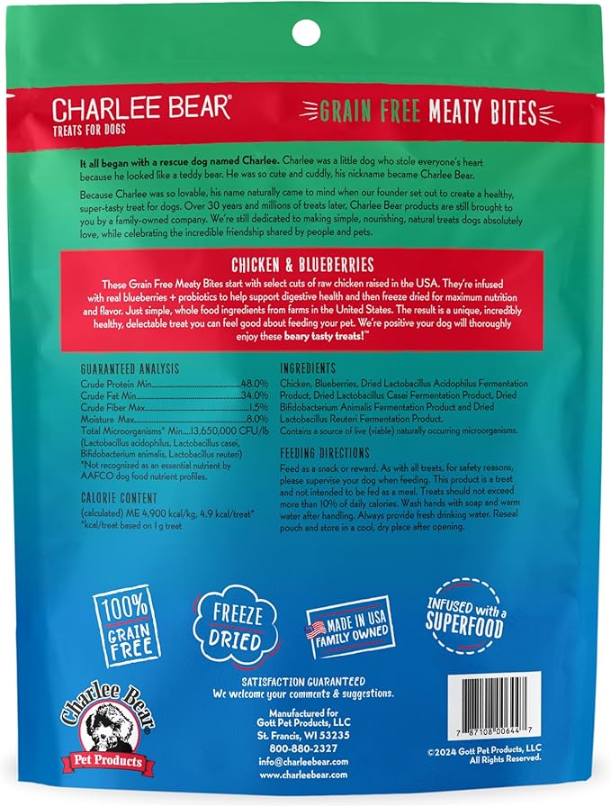 Charlee Bear Grain Free Meaty Bites Freeze Dried Dog Treats, Chicken and Blueberries, 2.25 Ounce Resealable Bag, Training Treats or Meal Topper Dogs, High Protein Dog Snacks, Made in USA