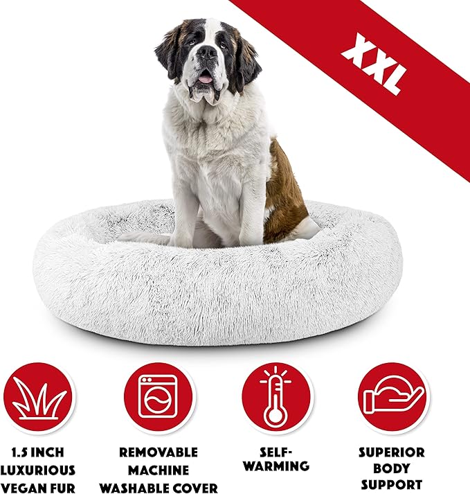 The Dog’s Bed Sound Sleep Donut Dog Bed, XXL Ice White Fur Calming Nest Bed Removable Cover, Veterinary Approved