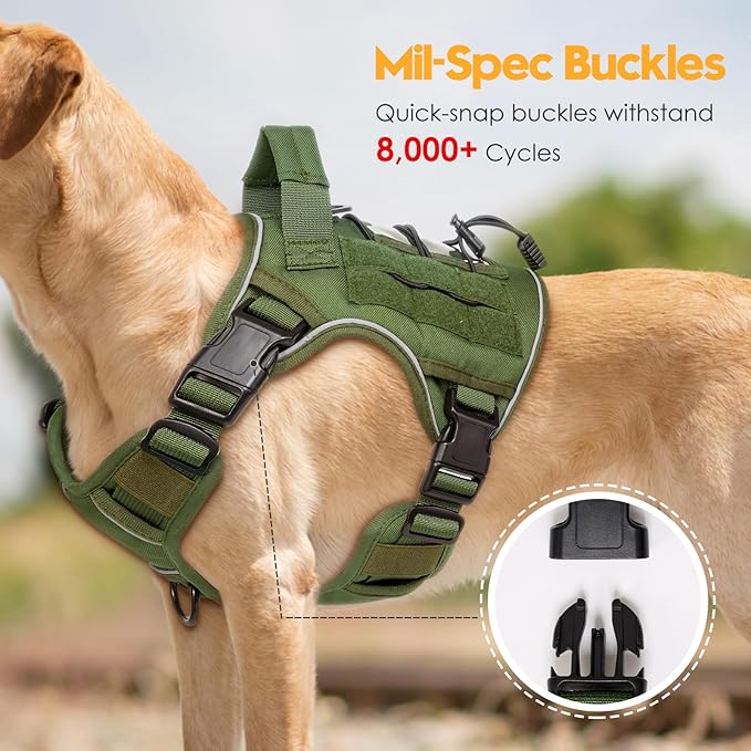 Heavy-Duty Tactical Dog Harness for Large Dogs, No Pull Adjustable Reflective Pet Vest with Molle System, K9 Military-Grade Control for Service Training, Outdoor & 10+ Breeds, Green, Medium