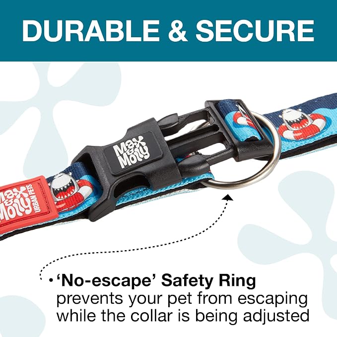 Max & Molly Urban Pets Smart ID Dog Collar - Soft Neoprene, Waterproof, Machine Washable, Power Buckle, Gotcha! QR Tag & Custom App Profile, Sharks, Medium