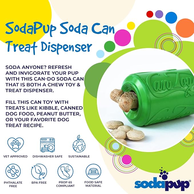 SodaPup Soda Can – Durable Dog Treat Dispenser & Chew Toy Made in USA from Non-Toxic, Pet Safe, Food Safe Natural Rubber Material for Mental Stimulation, Problem Chewing, Calming Nerves, & More