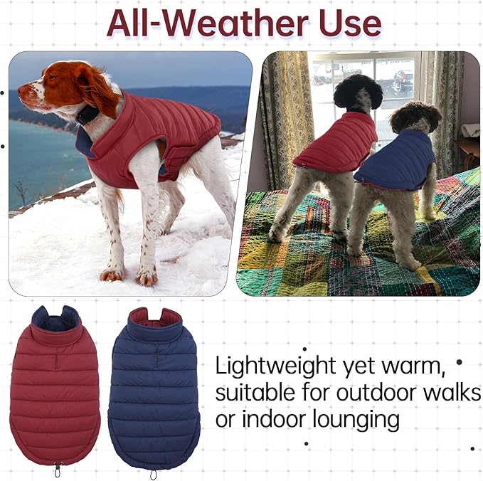 Lelepet Reversible Dog Coat Waterproof Dog Jacket Windproof Puffer Vest for Winter Warm Lightweight Coats for Small Dogs Adjustbale Hook & Loop Pet Apparel with Leash Hole, Pug, Wine Red, M