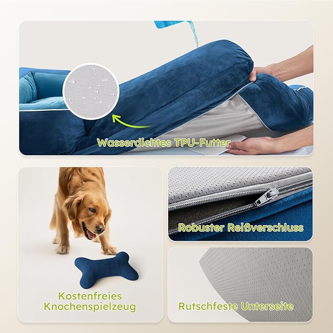 Dog Beds for Large Dogs, Orthopedic Dog Bed with Cooling Gel Memory Foam, Waterproof Large Pet Bed with Removable Washable Cover, 36" Pet Sofa Couch Dutch Velvet with Bone Toy, Navy Blue