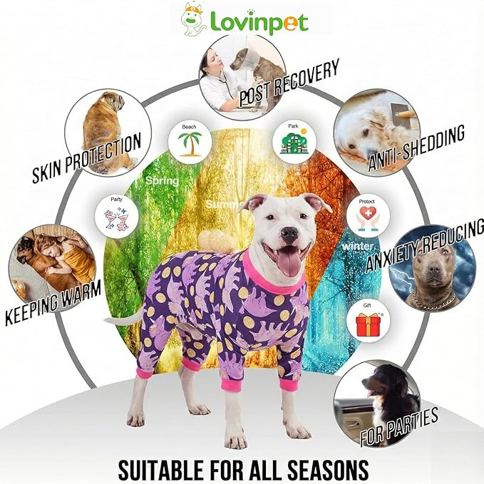 LovinPet Large Dog Pajamas, Four-Leg Stretch Onesie Bodysuit, Lightweight UV-Shielding Pajamas, Anti-Lick Calming Recovery Suit for Surgery, 3D Dino Egg Spikes, Easy on/Off， Purple， 3XL
