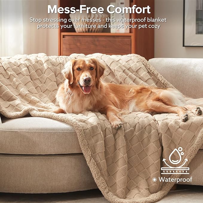 GASUR Waterproof Dog Blankets for Large Medium Dogs, Dog Blanket for Couch Bed, Fleece Pet Blanket for Furniture Sofa Protector, Soft Pet Throw Blankets for Crate Car Outdoor, Washable, 40"x50", Beige