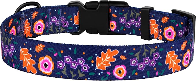 Nylon Dog Collar Floral Pattern Navy Blue 10-13 inch