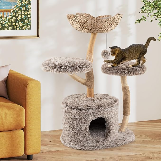 Tangkula Solid Wood Cat Tree, Multi-Level Cat Tower with Well-Woven Cattail Basket, Luxury Condo, Scratching Posts, Dangling Ball, Soft Long Plush Fabric, Modern Boho Cat Tree for Indoor Kittens