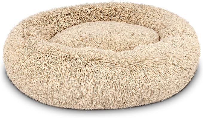 The Dog’s Bed Sound Sleep Donut Dog Bed, Medium Dog Beige Fur Calming Nest Bed, Veterinary Approved